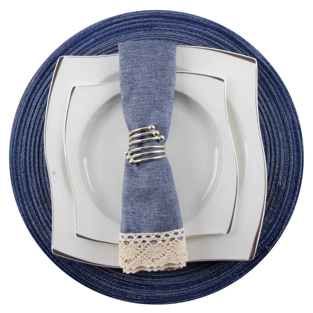 EHouseHome faux Linen tablecloth 70x70 & Napkins 20x20 denim blue & cream NWOT - Picture 6 of 7